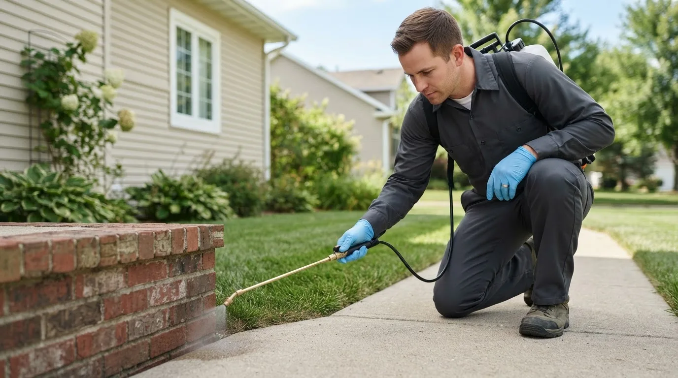 Pest control technician treating a home near Giddings, TX